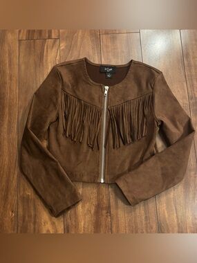 Girls' Brown Fringe Faux Suede Zip Jacket Worn Once